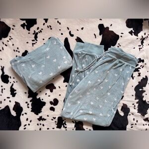 Honeydew matching blue with white hearts pajama set. Soft and cozy, long sleeve.